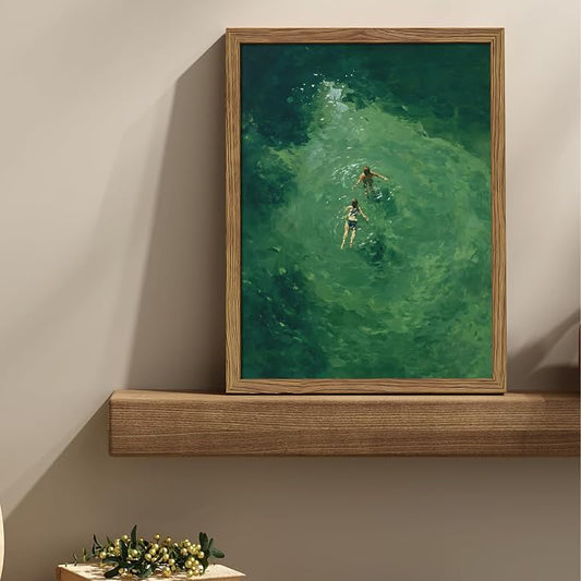 Framed Green Abstract Wall Art, Vintage Summer Swimming Canvas Wall Decor - Image 2