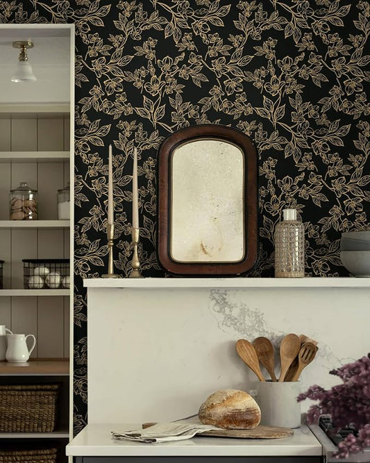 Ismoon Peel and Stick Wallpaper Black and Gold Stick on Wallpaper Dark Floral - Image 2