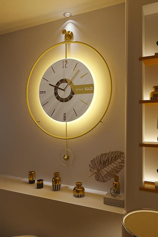 Large Luxury LED Backlit Wall Clock – Pendulum Roman Numeral Metal Ring - Image 2
