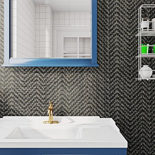FunStick 15.8"x240" Black and Gold Grasscloth Wallpaper Self Adhesive Fabric - Image 2