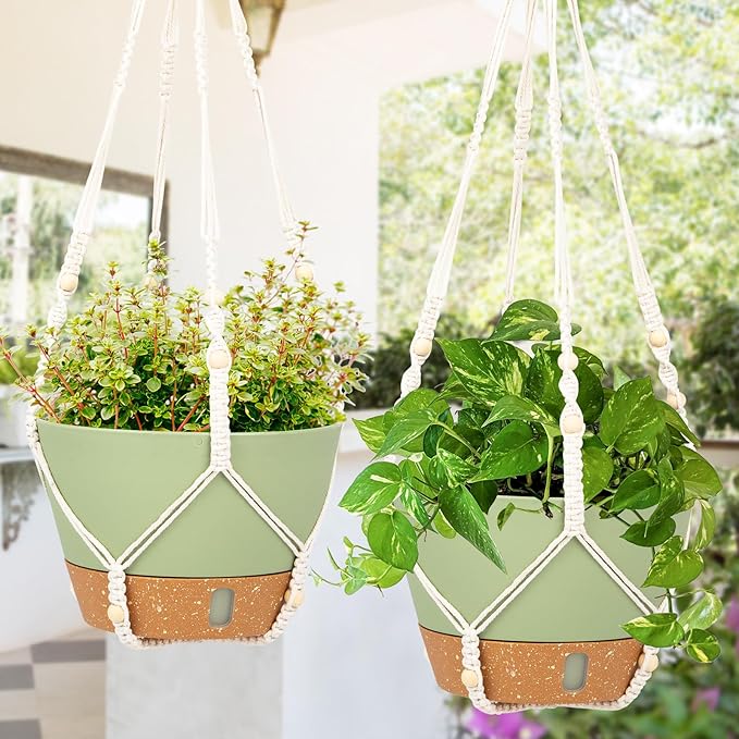 QCQHDU 2 Pack Hanging Planters for Indoor Plants, Outdoor Hanging Baskets, Self Watering Pots with Drainage Holes & Removable Tray (Green, 8 inch, Macrame Hanger)