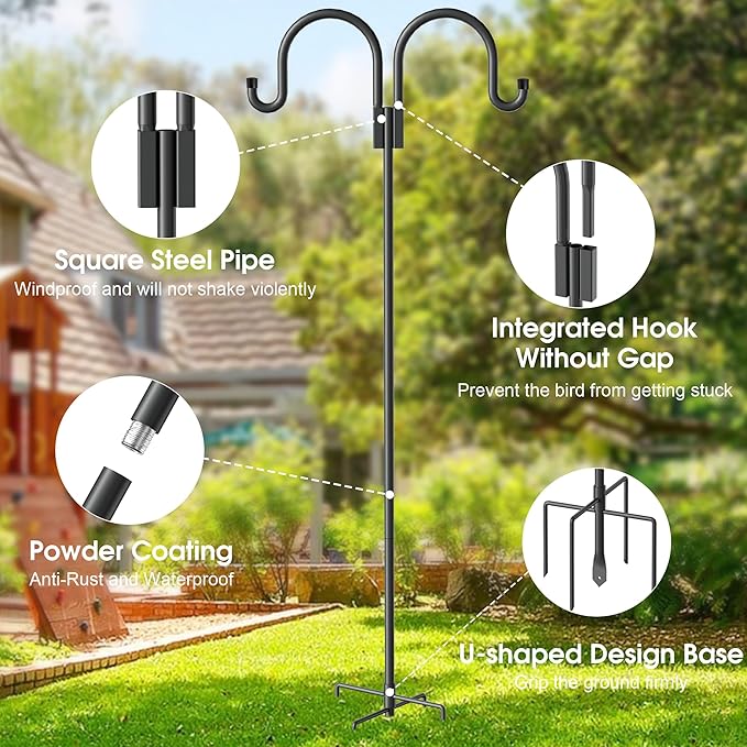 Highpro Double Shepherd Hooks for Outdoor, 95 Inch Heavy Duty Bird Feeder Pole for Hanging Bird Feeder, Garden Hooks Plant Baskets, Garden Plant Hanger Stands with 5 Prong Base