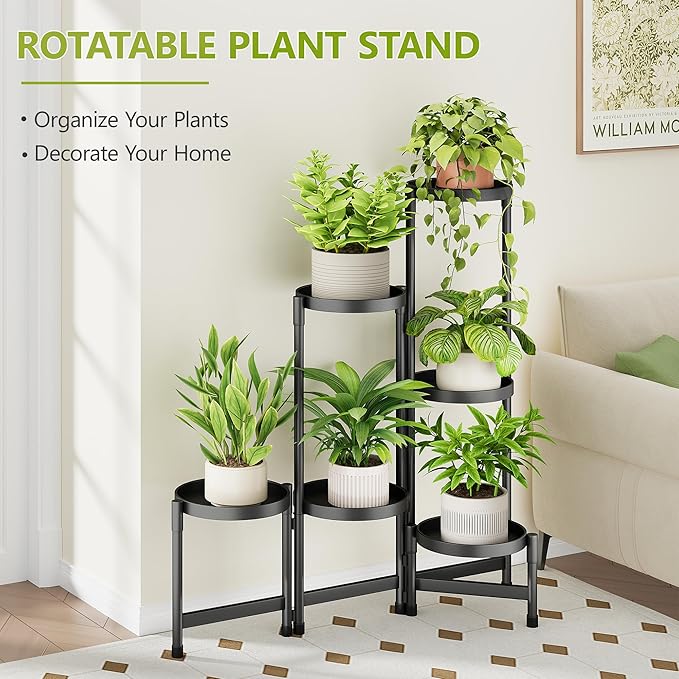 6 Tier Metal Plant Stand Indoor, Rotatable Corner Plant Shelf Outdoor, Tiered Flower Pot Display Stand, Black Multiple Plants Holder for Patio Living Room Balcony Garden Home Decor