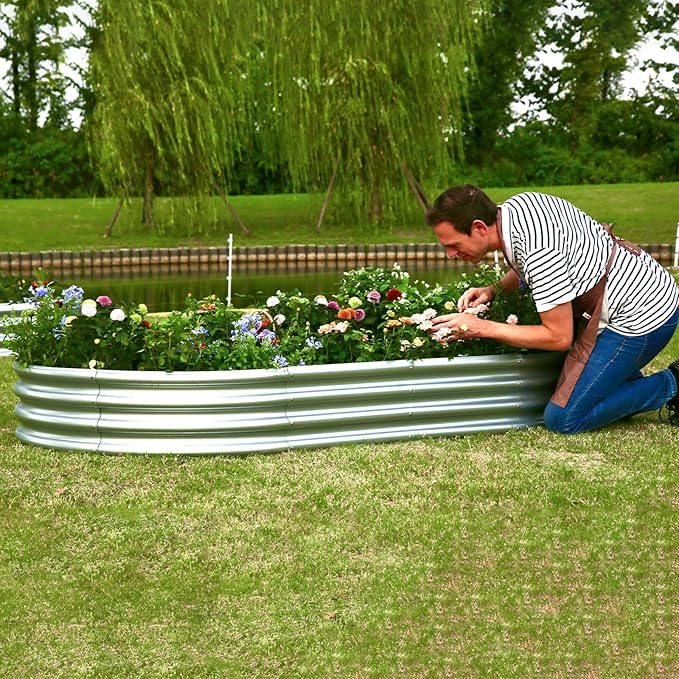 Raised Garden Bed, Raised Garden Beds Outdoor, 8x4x1 FT Oval Larger Space Galvanized Raised Garden Bed for Herbs, Vegetables, Fruits