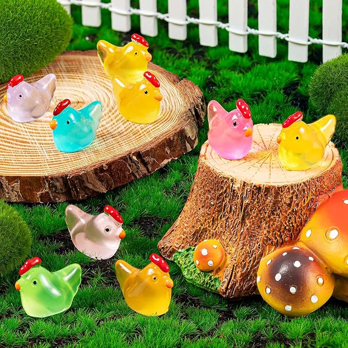 192PCS Luminous Mini Resin Chickens Miniature Animals, Tiny Chickens Miniature Figurines Glow in The Dark for Micro Garden, Potted Plant, DIY, Home Outdoor Party Decor (8 Colors)