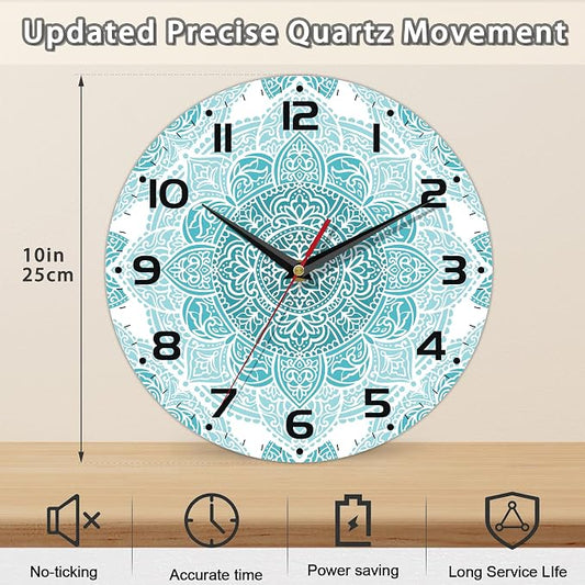 Teal Mandala Flower Wall Clock, Silent Non-Ticking, Battery Operated, Wooden - Image 2
