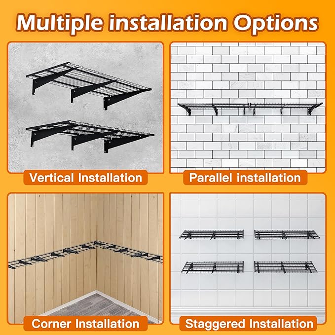 Garage Wall Shelving, 2-Pack 2 x 4ft Garage Storage Rack,Loads 700 lbs 24-inch-by-48-inch Heavy Duty Wall Shelves,24” x 48” Garage Wall Shelf,Black