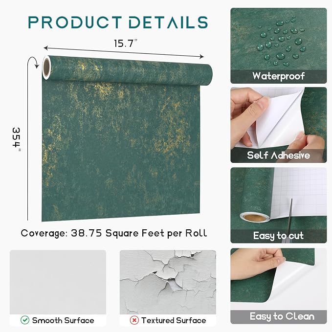 VEELIKE Distressed Teal Gold Metallic Peel and Stick Wallpaper Plaster Concrete - Image 9