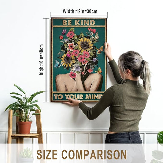 DIHSIEG Floral Canvas Wall Art Be Kind to Your Mind Vintage Poster Rimless - Image 2