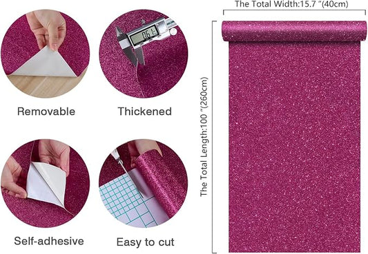 CHIHUT 15.7''x100'' Hot Pink Wallpaper Sparkly Glitter Wallpaper Stick and Peel - Image 2