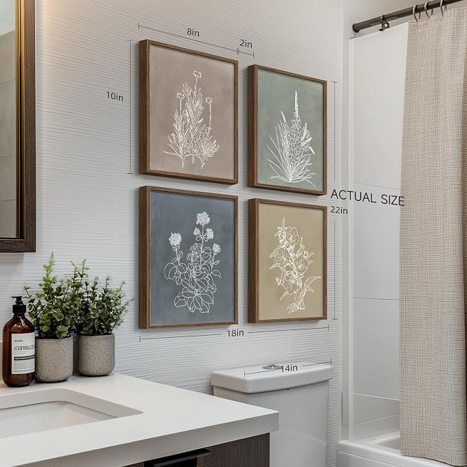 Boho Framed Botanical Wall Art for Bathroom Decor, 4 Piece Rustic Floral Canvas - Image 9