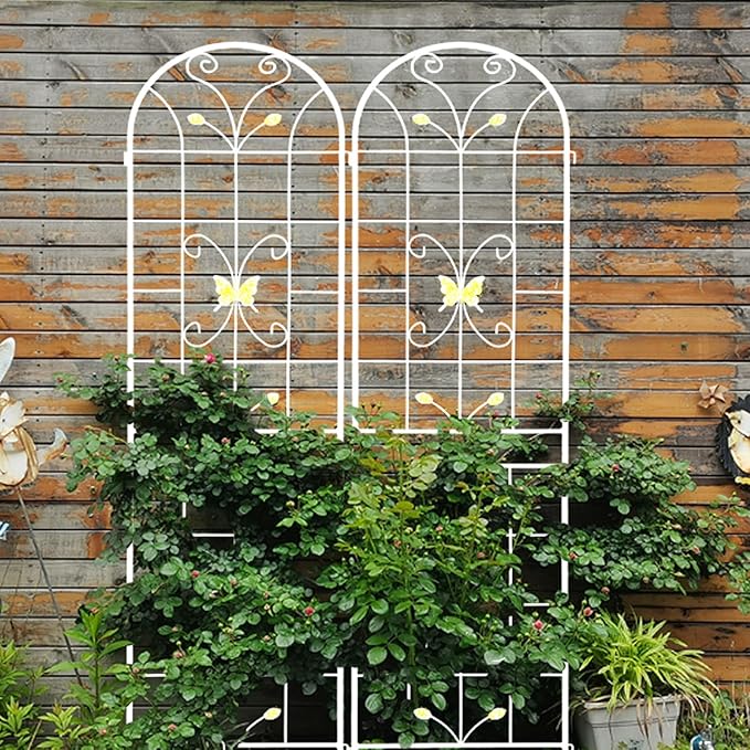 2 Pack Metal Garden Trellis 86.7" Black Fence Rustproof Garden Trellis for Climbing Plants Support Roses Flower Outdoor Lawn, Cream White