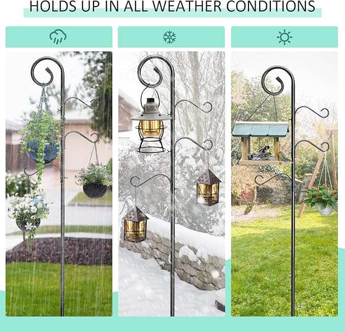 108 Inch Shepherds Hooks for Outdoor 2 Pack, Bird Feeder Poles with 4 Hooks, Shepherds Hook for Bird Feeders Outside with Base, Garden Pole for Hanging Plant Baskets, Weddings Decor (108 Inch)