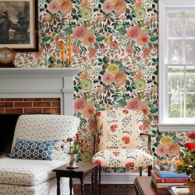JiffDiff Floral Wallpaper Peel and Stick Pink Floral Wall Mural Removable Peony - Image 8