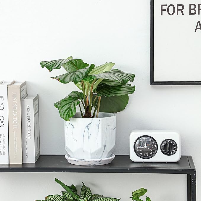 Large 7 Inch Marble White Plant Pots Planters with Saucer Tray, Mesh Pad, Drainage Hole and Stopper, Hand Glazed Flower Pot, Garden Indoor Outdoor Planter, Modern Home Decor (Ceramic, White)