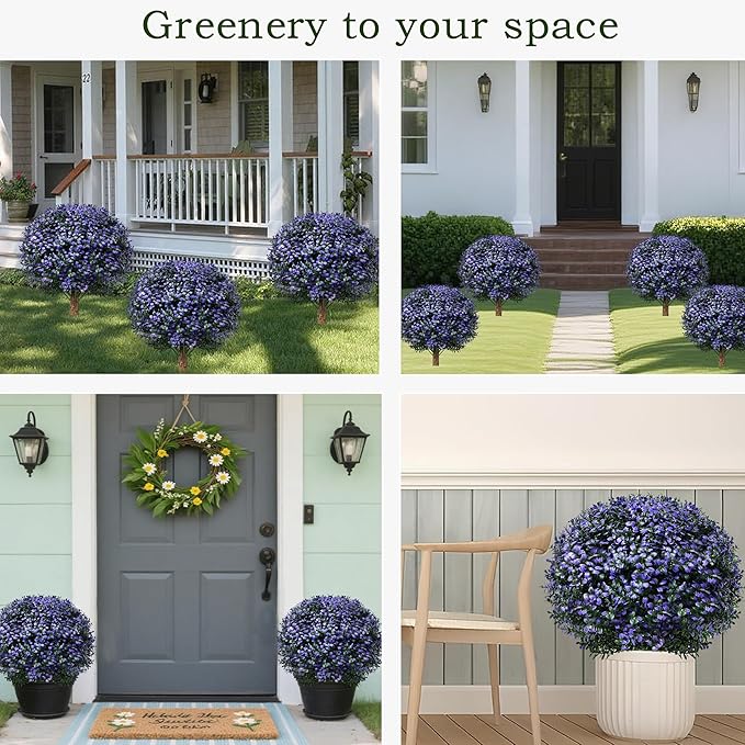 Set of 2 Artificial Boxwood Topiary Ball Trees Outdoor Faux Shrubs Artificial Boxwood Plants with Ground Spike, 24" Lavender Fake Evergreen Tree UV Resistant for Planter,Potted,Fall