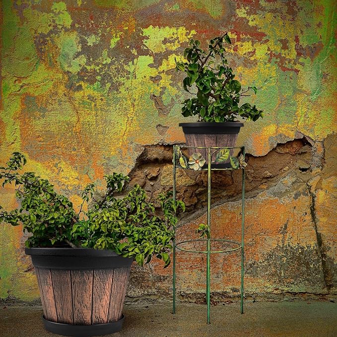 Quarut Large Plastic Plant Pots Set of 4 Pack13 inch,Whiskey Barrel Planters with Drainage Holes & Saucer.Flower Pots Imitation Wine Barrel Design for Indoor & Outdoor Garden Balcony Plants (Brown)