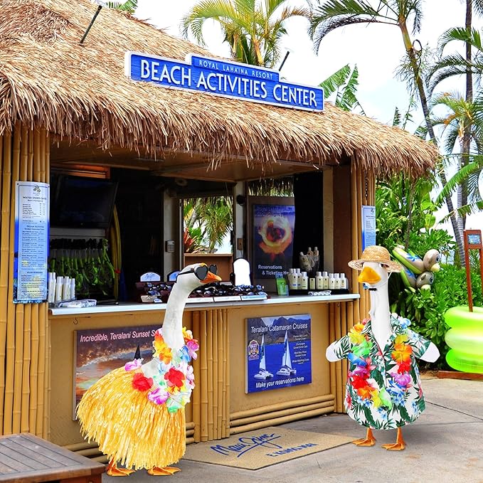 2 Set Hawaiian Luau Porch Goose Outfit for Lawn 23'' Plastic Goose Clothes Costume Summer Outdoor Decor(Hula Skirt)