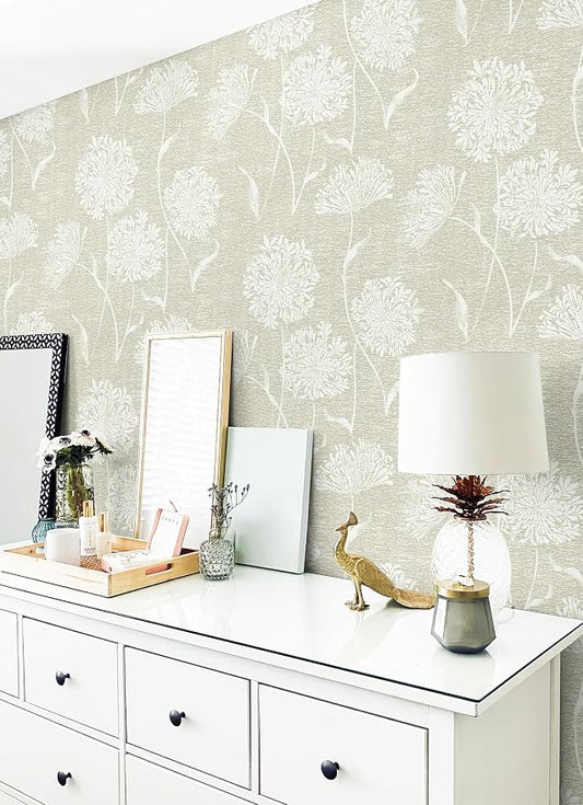 Safiyya Peel and Stick Wallpaper Faux Grasscloth Floral Contact Paper Beige - Image 2