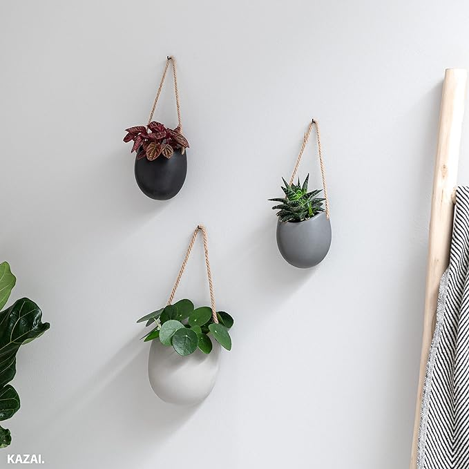 Wall Planters -Ellie- | Hanging Ceramic Plant Pots 3 Pieces | Wall Decoration for Indoors, Balcony and Garden | Grey (Matte)