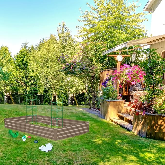 ONCEMORE Galvanized Raised Garden Bed for Vegetables Flowers Herbs, Metal Raised Garden Bed Kit with 2 PCS Tomato Cage, Gloves, Trellis Netting, Plant Labels, Plant Ties, Brown 6×3×1FT