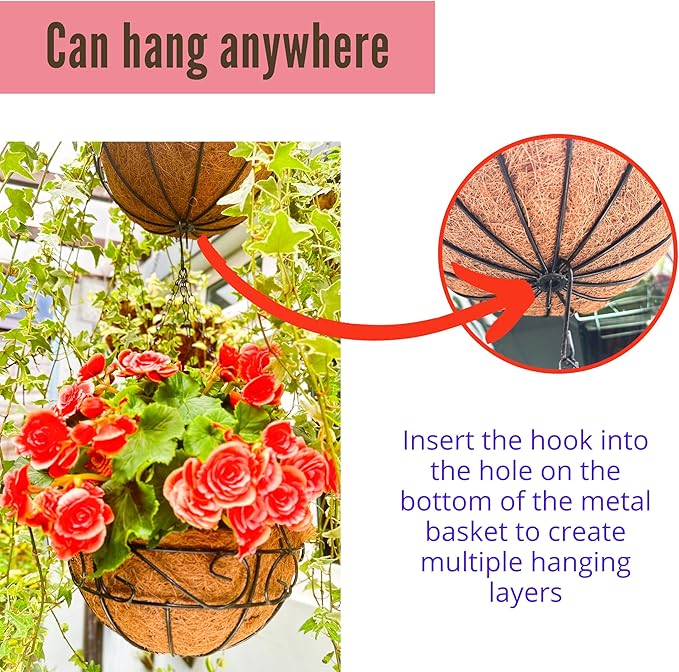 LaLaGreen Hanging Planter for Outdoor Plants (6 Pack, 16 Inch) Hanging Baskets with Coco Liner, Metal Wire Flower Basket Pots with Hook Hanger Balcony Porch Farmhouse Country Style Garden Decor