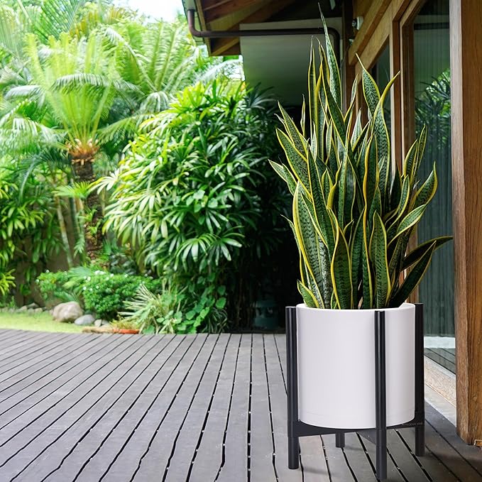 D'vine Dev Planter Pot with Stand - 14 Inch Plastic Cylinder Flower Pot with Wood Planter Holder for Indoor, Matte White Pot + Ebony Stand, 55-C-T-1