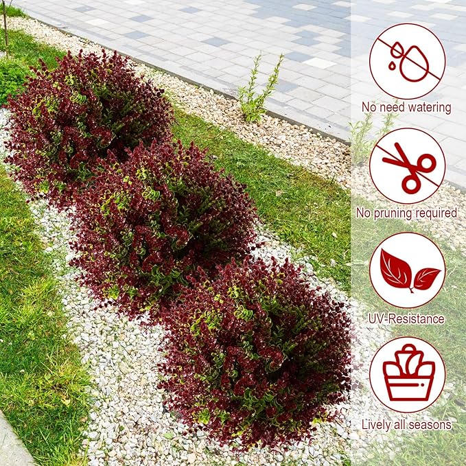 Yunlly 2 Pcs 18 Inch Artificial Boxwood Ball Topiary Tree Fake Outdoor Plants Bush, UV Resistance Faux Shrub with Spike Realistic Greenery Potted for Indoor Garden Yard Porch Patio Decor (Purple Red)