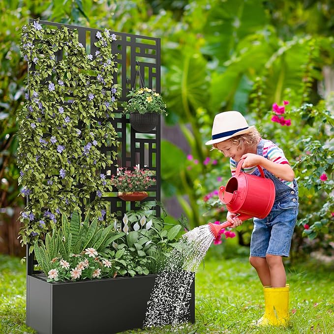 Casaphoria Metal Raised Garden Bed with Trellis and Wheels, 72"x35"x16" Planter Box for Climbing Plants, Vegetables & Vines, Features Drainage Holes and Privacy Screen (Black-Helen)