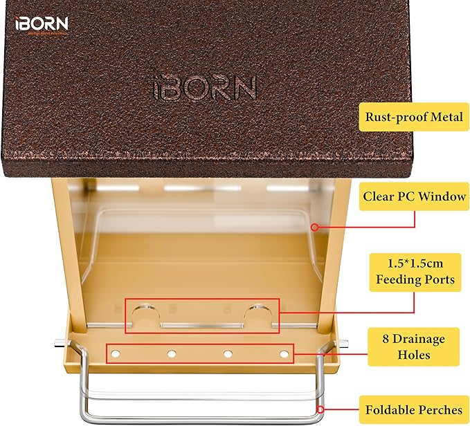iBorn Bird Feeders for Outdoors,Bird House Feeder with Weatherproof Metal Roof & 8 Drain Holes,Fully Detachable Birdfeeder Design,Easy Clean & Refill,Chew-Proof PC Windows,1.5 Lbs Capacity,Coffee Roof