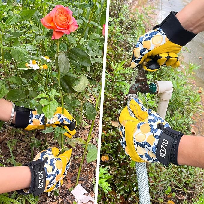 2 Pair Cowhide Leather Thorn Proof & Puncture Resistant Gardening Gloves for Women and Men, Touchscreen Compatible Working Gloves for Weeding, Digging, Planting, Gardening Gifts for Women (Medium)