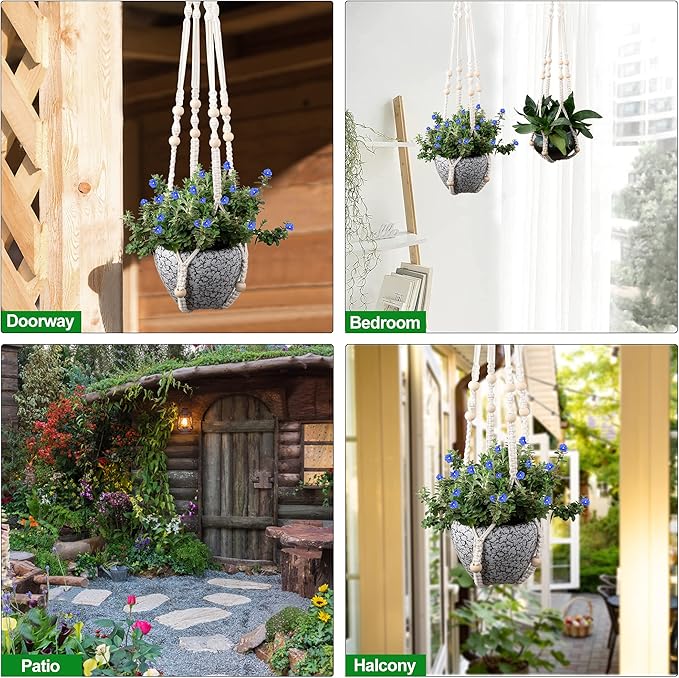 RIFNY Macrame Plant Hanger for 5 to 10 Inch Plant Pots, 35 Inch Indoor Handmade Woven Rope Hanger Kits with Hooks and Wood Beads, Hanging Planter Basket Holder for Boho Home Decor (White, 3 Pack)