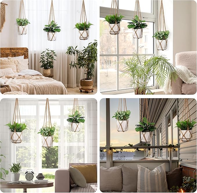 YIBOT 3 Pack Macrame Plant Hanger Indoor Hanging Planter Basket with 3 Hooks, 35"/29"/23" Hang Flower Pot Plant Holder for Indoor Outdoor Decorations, Brown (POTS NOT Included)