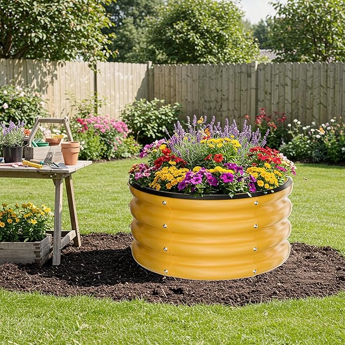ZXZYHFTY Round Galvanized Raised Garden Bed kit,Yellow Outdoor Garden Raised Planter Box, Round Large Metal Raised Garden Beds for Vegetable 2 * 2 * 1ft 2 Pcs