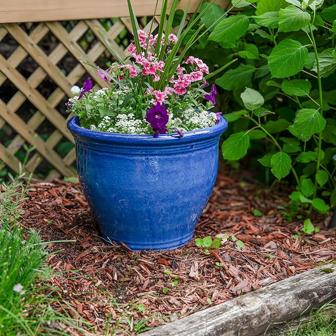 Sunnydaze Studio Large Ceramic Plant Pot - Round Outdoor Glazed Ceramic Planter Pot with Drainage - Imperial Blue - 14.5"