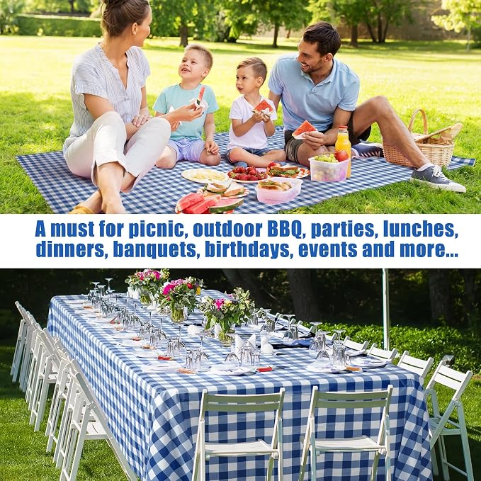 Kochorie 54 Inch x 100 Ft Blue Checkered Plastic Table Cloth Roll Disposable - Image 7