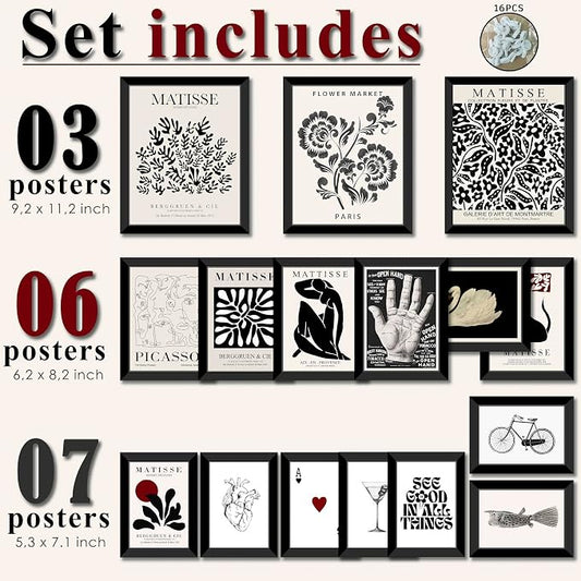 LANCHI95 16 PCS FRAMED Black and White Home Decor, Eclectic Wall Art, - Image 2