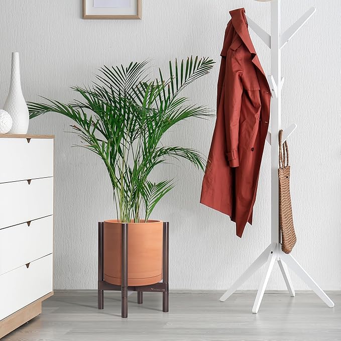 D'vine Dev Terracotta Planter with Walnut Color Stand - 12 Inch Modern Round Flower Pot with Wood Planter Holder, Terracotta, 55-B-W-5