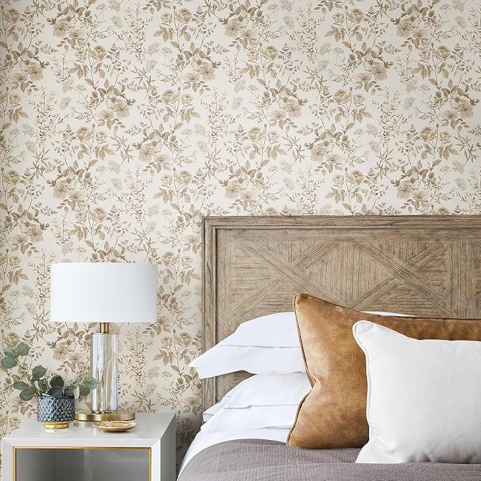 Erfoni 16.9" x197" Beige Floral Peel and Stick Wallpaper Boho Floral Leaf - Image 8