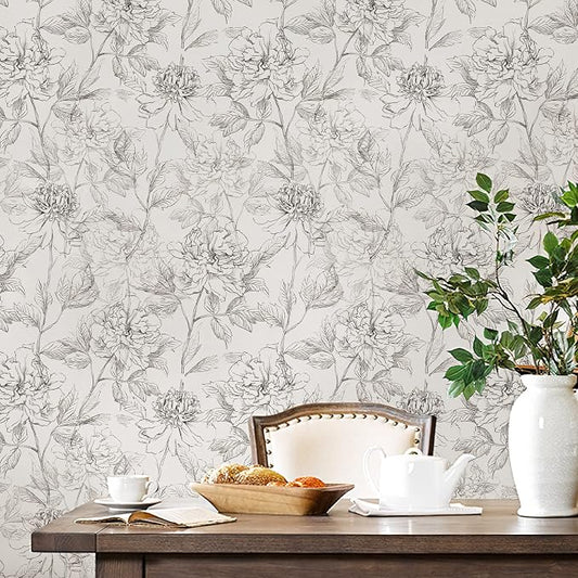 JiffDiff Black and White Floral Wallpaper 17.3" x 394" Peonies Removable Peel - Image 2