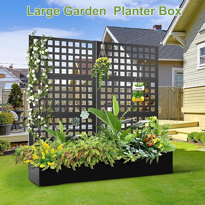 Metal Raised Garden Bed, Trellis Planters Bed with Drainage Holes for Climbing Plants, Vegetables Outdoor Privacy Screen with Planter Box 73"x35"x16", Black