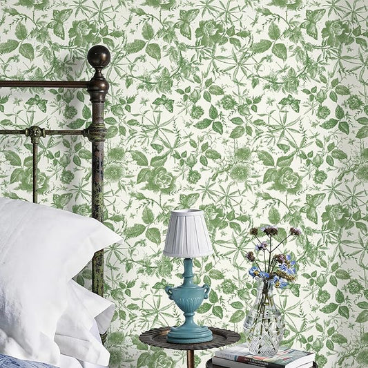 JiffDiff Floral Vintage Wallpaper Peel and Stick,Green Rose Wallpaper Removable - Image 2