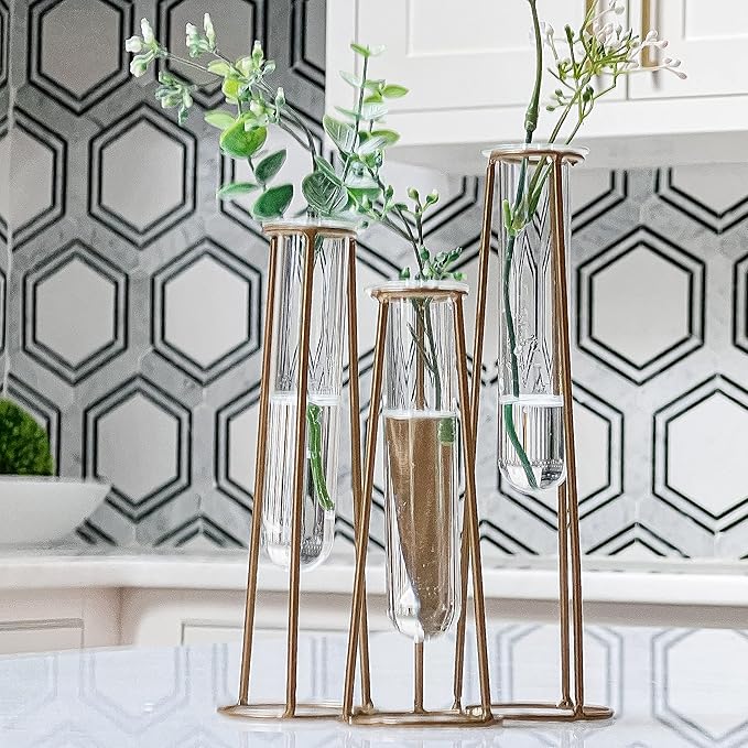 Propagation Station Terrariums with Gold Metal Stand - Kate Aspen 3 Glass Test Tube Planters for Indoor Plant, Air Plants, Plant Clippings, Cut Flowers, Herbs, Succulents | Home Decor Table Decoration