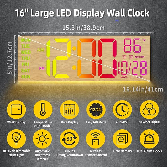 HAITANG 16.2" Large Digital Clock, 8 Colors Decorative Wood Wall Clock - Image 2