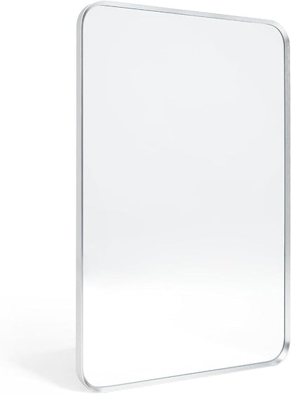 Brushed Nickel Bathroom Wall Mirror, Tempered Glass, Shatter Proof, Hangs by Minuover