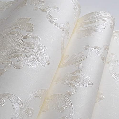 AMINAH DECO Cream White Damask Decorative Textured Floral Wallpaper Non-Woven - Image 5