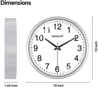 WISKALON 10 Inch Wall Clock, Silent Non-Ticking Round Silver Frame Clock - Image 3