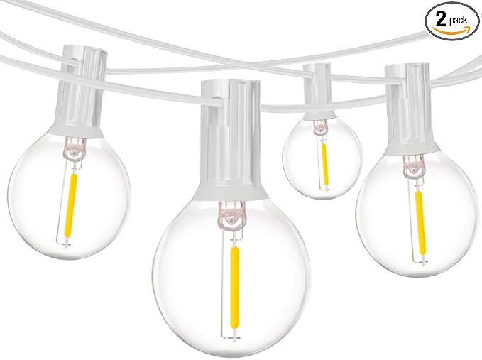 2-Pack 25Ft Outdoor LED String Lights with 50+4 Shatterproof LED Clear Plastic Globe Bulbs,Commercial Lighting for Patio Cafe Porch Bistro Party Wedding Christmas Indoor/Outdoor Decoration,White Wire