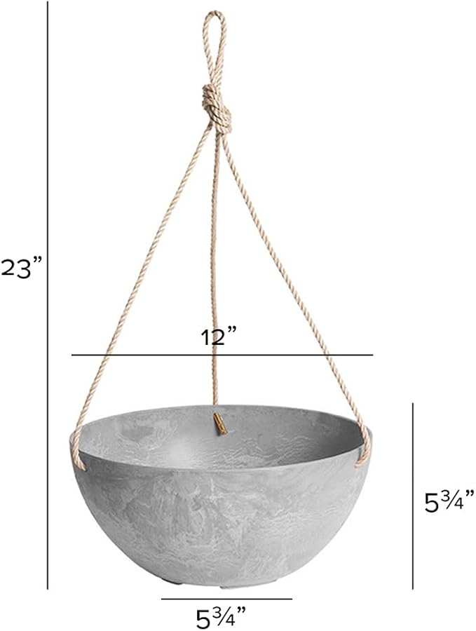 Root & Vessel Self Watering Hanging Planter for Indoor or Outdoor Plants, Unique Marbled Hanging Basket Made of Eco-Friendly Blend of Stone & Plastic, Gray, 12"