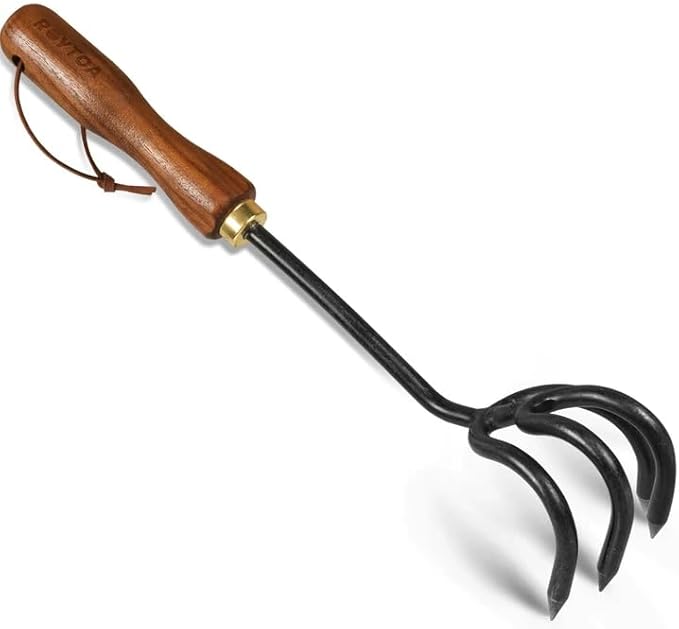 Hand Cultivator Rake, Ergonomic Small Garden Rake with Walnut Handle & 4 Durable Tines, Garden Tools for Weeding, Digging and Cultivating